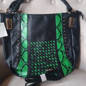NWT! Snazzy Blk & Grn Faux Leather Oversized Purse